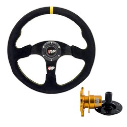 Steering wheel sport suede 350mm flat IRP + Steering wheel hub Quick Release IRP black gold 