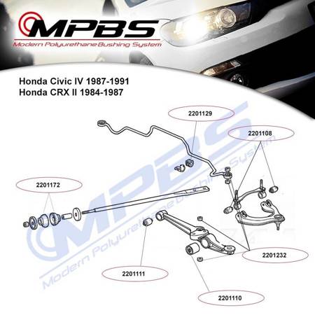 Front Lower Wishbone (Outer) Bushing - MPBS: 2201110 Acura Integra III / Type R, Honda CRX II, del Sol, Civic IV, V (EJ,EG,EH), VI (EJ,EK,EM1), JAPAN, (MB,MC,MA), UK, III, MG ZS, Rover 400, 45,