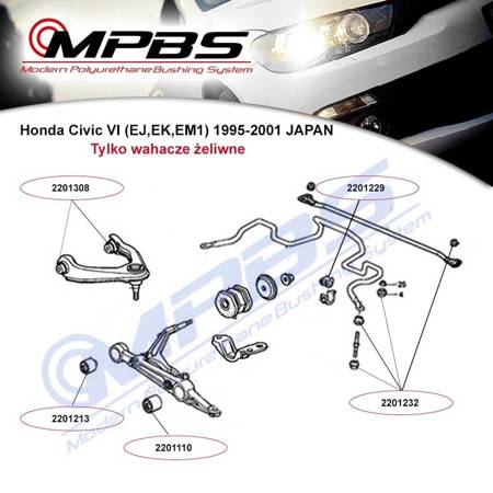 Front Lower Wishbone (Outer) Bushing - MPBS: 2201110 Acura Integra III / Type R, Honda CRX II, del Sol, Civic IV, V (EJ,EG,EH), VI (EJ,EK,EM1), JAPAN, (MB,MC,MA), UK, III, MG ZS, Rover 400, 45,