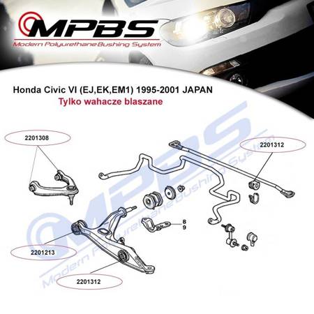 Front lower control arm bush (rear) - MPBS 2201213 Acura Integra III / Type R, Honda CRX del Sol, Civic V (EJ,EG,EH), VI (MB,MC,MA), UK, III, MG ZS, Rover 400, 45,