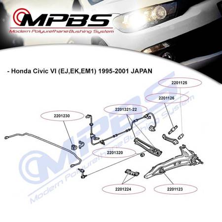 Front rear suspension rod bush - MPBS: 2201224 Acura Integra III / Type R,, I, Honda CRX II, del Sol, Civic IV, V (EJ,EG,EH), VI (EJ,EK,EM1), JAPAN, (MB,MC,MA), UK, III, R, MG ZS, Rover 400, 45,