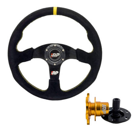 Steering wheel sport suede 350mm flat IRP + Steering wheel hub Quick Release IRP black gold 