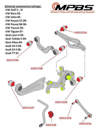 Buchsensatz für Vorder- und Hinterradaufhängung – MPBS COMFORT-SERIE: 6501501 Audi A3 II, S3 TT Seat Leon Toledo III, Skoda Octavia Volkswagen Eos, Golf V, VI, Jetta Passat B6, B7, CC, Scirocco Tiguan I, Touran