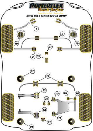Priekinis apsaugos nuo riedėjimo strypo laikiklis 24,6 mm Powerflex poliuretano įvorė Black Series BMW 5 Series E60, E61 (2003-2010) E61 Touring PFF5-703-24.6BLK