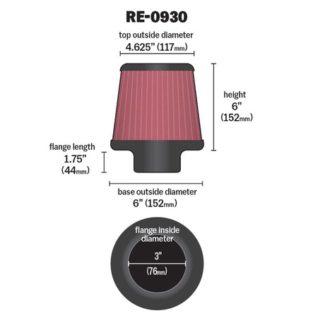 K&N kúpos szűrő - beépítési átmérő 76mm, magasság 152mm
