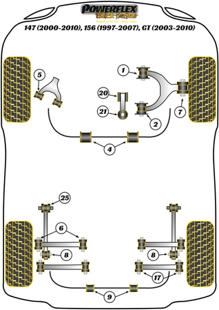 Oberer Motorstabilisator an der Fahrwerksbuchse Powerflex Polyurethanbuchse Black Series Alfa Romeo 147 (2000-2010), 156 (1997-2007), GT (2003-2010) PFF1-822BLK