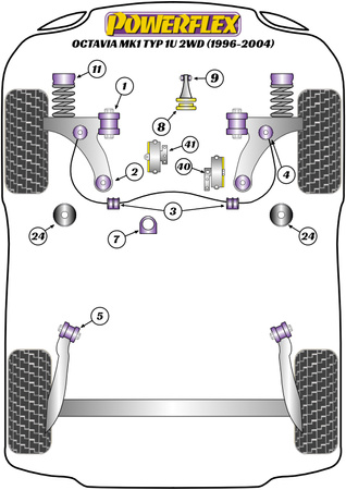 Priekinio statramsčio viršutinio tvirtinimo įvorė -10mm Powerflex poliuretano įvorė Road Series Skoda Octavia Octavia Mk1 1U (1996-2004) Octavia Mk1 Typ 1U 2WD (1996-2004) PFF85-431