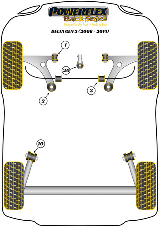 Priekinė apsaugos nuo riedėjimo juostos įvorė 17mm Powerflex poliuretano įvorė Black Series Lancia Delta Gen 3 (2008 - 2014) PFF16-703-17BLK