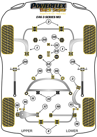 Rear Shock Top Mount Bracket and Bush 10mm Powerflex Polyurethane Bush Black Series BMW 3 Series E46 (1999 - 2006) E46 M3 inc CSL PFR5-5630-10BLK