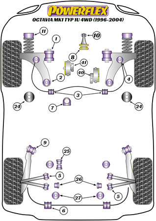 Galinio diferenciatoriaus priekinė tvirtinimo įvorė Powerflex poliuretano įvorė Road Series Skoda Octavia Octavia Mk1 1U (1996-2004) Octavia Mk1 Typ 1U 4WD (1996-2004) PFR85-425