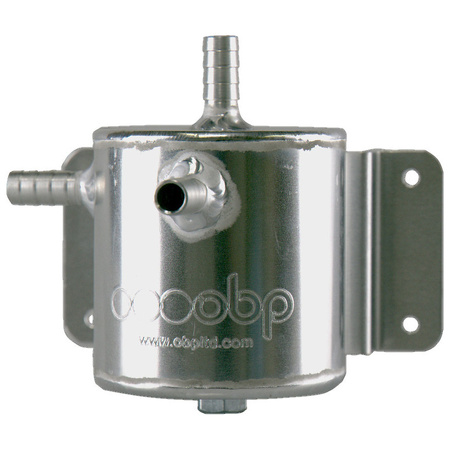 OBP Baffled 0.5 Litre Round Bulk Head Mount Oil Catch Tank 90mm x 90mm Dia, Drain Bung, Sight Tube, 13mm Inlet, Outlet & Breather