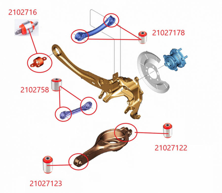 Podstawowy zestaw tulei zawieszenia tylnego - MPBS: 2102603-PZ Ford C-Max Mk1, Focus Mk1 ST, RS, Mk2, Mk2 Mk3, Mk3 Kuga I, Mazda 3 I BK, II BL, Volvo C30, S40 II, V50,RS