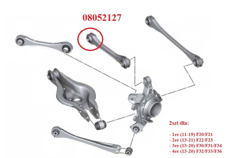Galinės viršutinės valdymo svirties įvorė (galinė valdymo svirtis) - MPBS: 08052127 BMW 1 F20/F21 RWD xDrive 2 F22/F23 RWD xDrive 2 G42/G43 RWD xDrive 3 F30/F31/F34 RWD xDrive 3 G20/G21 RWD xDrive 4 F32/F33/F36 RWD xDrive 4 G22/G23/G26 RWD xDrive Z4 G29 T