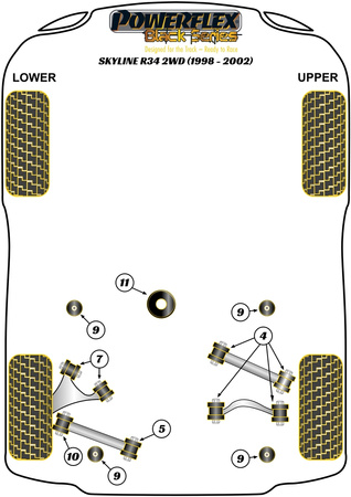 Galinė viršutinės ir apatinės rankos įvorė Powerflex poliuretano įvorė Black Series Nissan Skyline R34 2WD Incl. 25GT, 25GTT & GTV(1998 - 2002) PFR46-204BLK